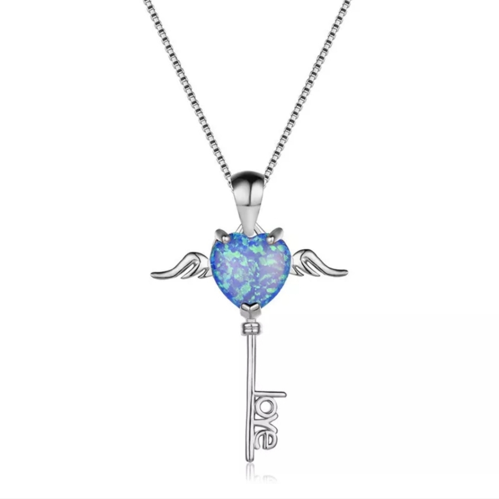 Silver and Blue Key Charm Necklace with Gemstone Accent